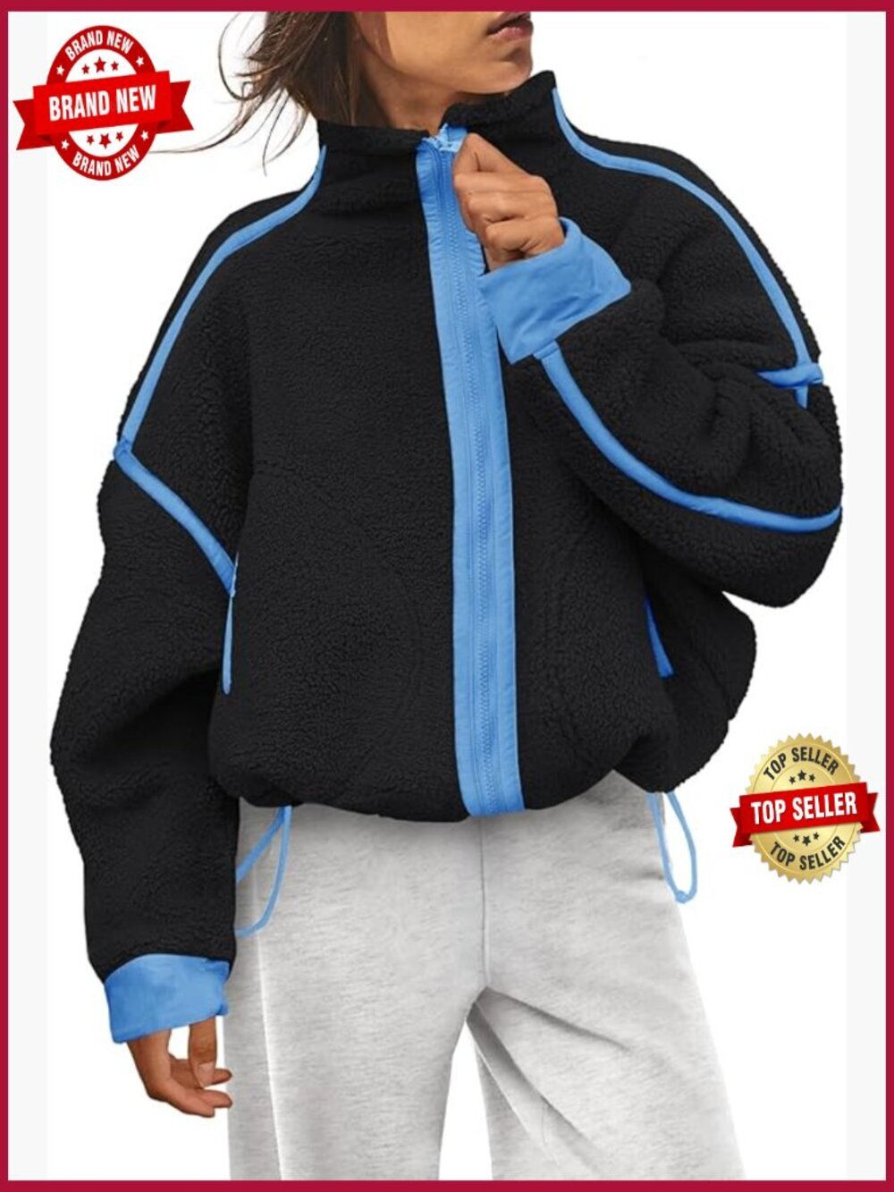 Fuzzy Sherpa Zip Up Jacket Long Sleeve Winter Coat Warm Outerwear with Pockets